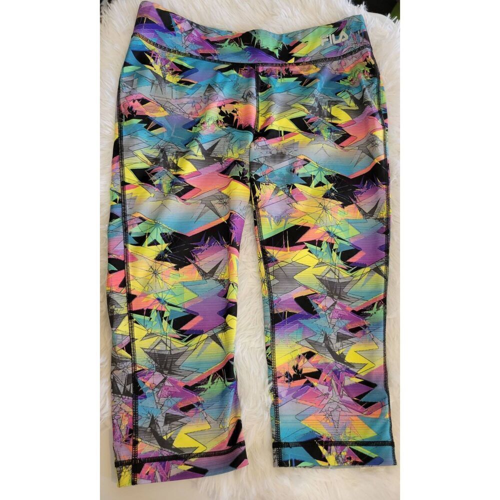 FILA Cropped Performance Leggings Multicolor Abstract Sz S